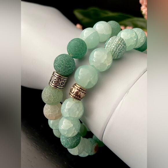 ALL THINGS BEAUTIFUL: Aqua Green Agate Crackle Bead Bracelet Set sz OS (NWOT) - Picture 7 of 7